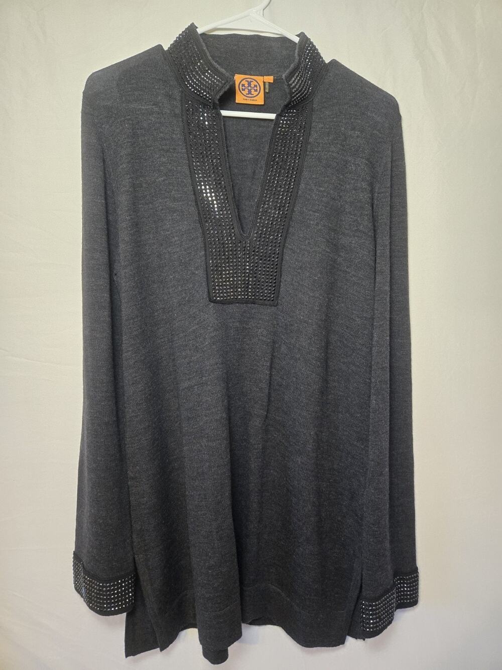 Tory Burch Dark Gray Rhinestone Trim Merino Wool Pullover Sweater Size L Soft